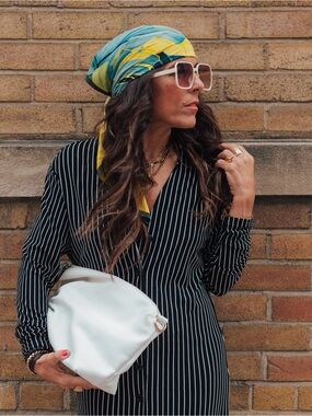 Vintage Abstract Silk Scarf • Emerald & Mustard Headscarf • Euro Resort Style